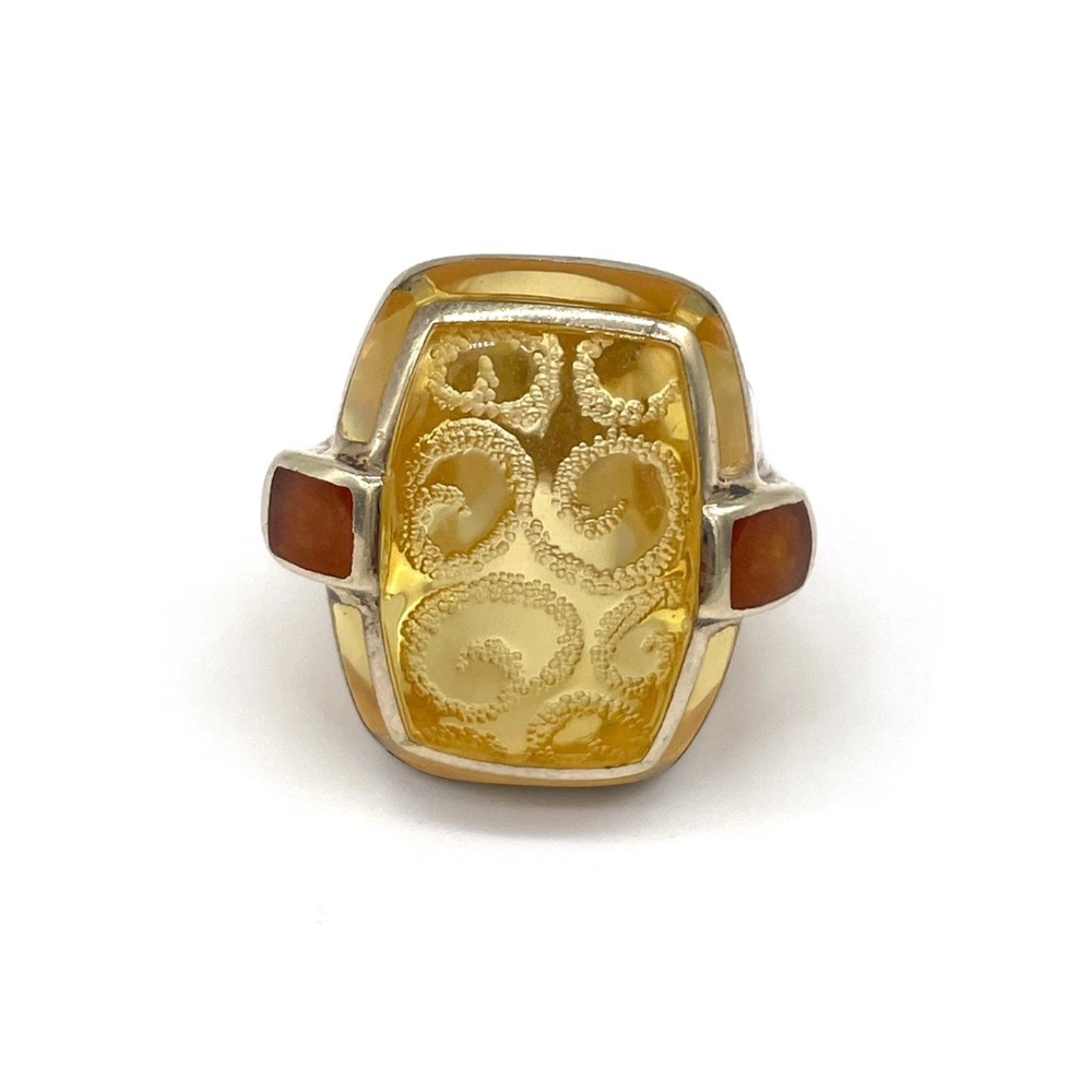 Vintage Modernist Sterling Silver Ring Amber Carnelian Inlay Accents Size 7.5